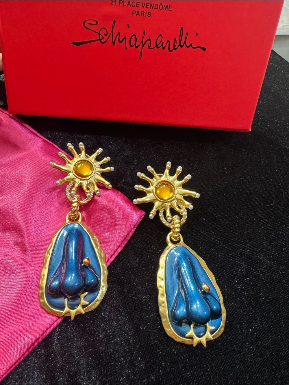 Schiaparelli face anatomy inspired Blue Enamel Sun Drop Earrings